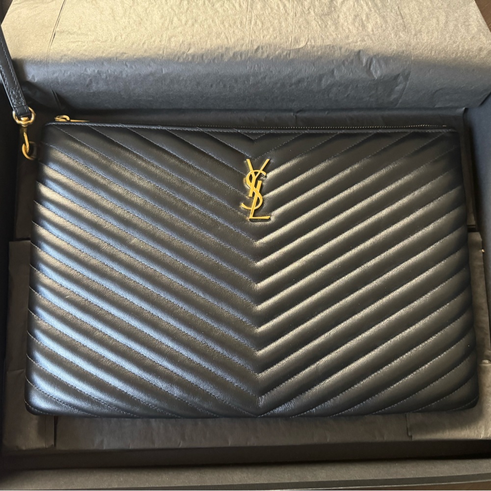 Yves Saint Laurent Chevron Black and Gold Wristlet